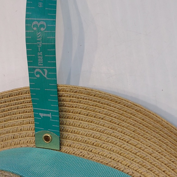 Charming Charlie Women's Tan Paper Straw Woven Fedora With Turquoise Bow Band - Picture 10 of 13